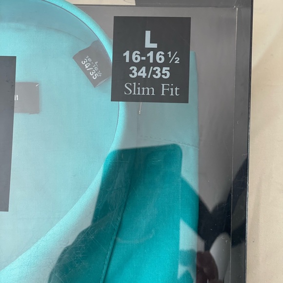 New, never opened. Men’s button-up shirt teal, large 16-16.5, slim fit with tie. - Picture 3 of 5